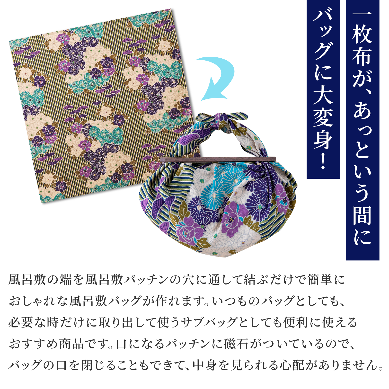 のレン 風呂敷と風呂敷パッチンセット 中 - レトロフラワー / 風呂敷サイズ70cm 綿100%