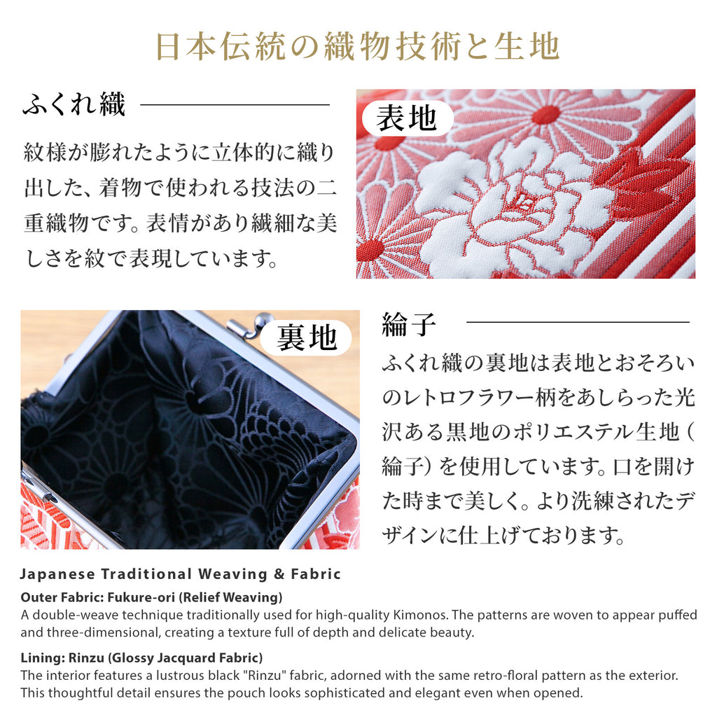 のレン 俵型 がま口ポーチ ふくれ織レトロフラワー