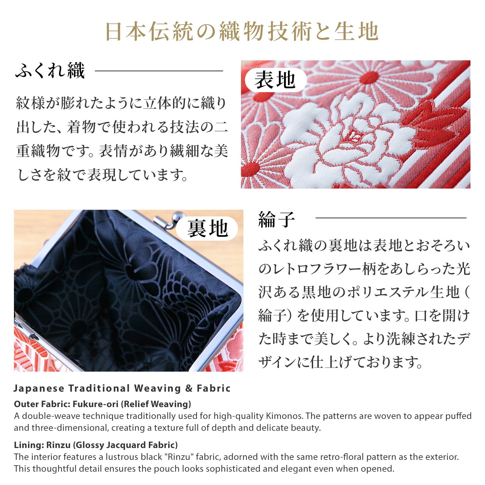 のレン 俵型 がま口ポーチ ふくれ織レトロフラワー