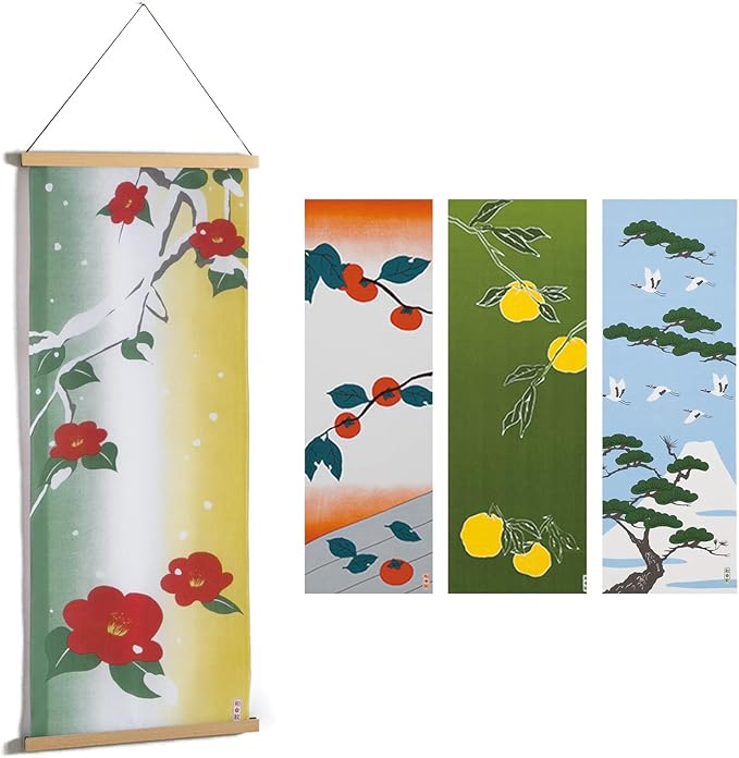 Noren Hand-printed Tenugui/Tapestry Rod Set of 4 Seasonal Patterns
