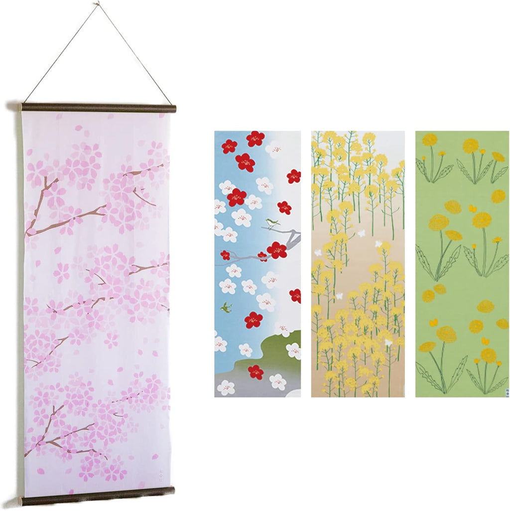 Noren Hand-printed Tenugui/Tapestry Rod Set of 4 Seasonal Patterns