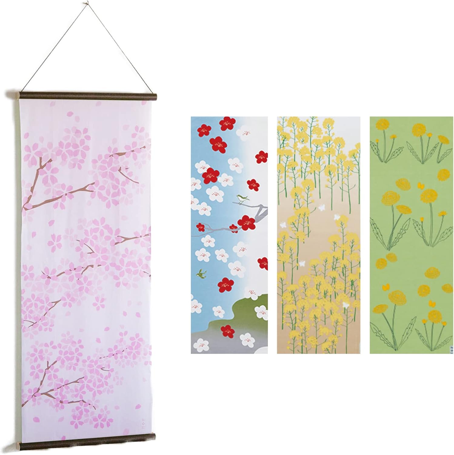 Noren Hand-printed Tenugui/Tapestry Rod Set of 4 Seasonal Patterns