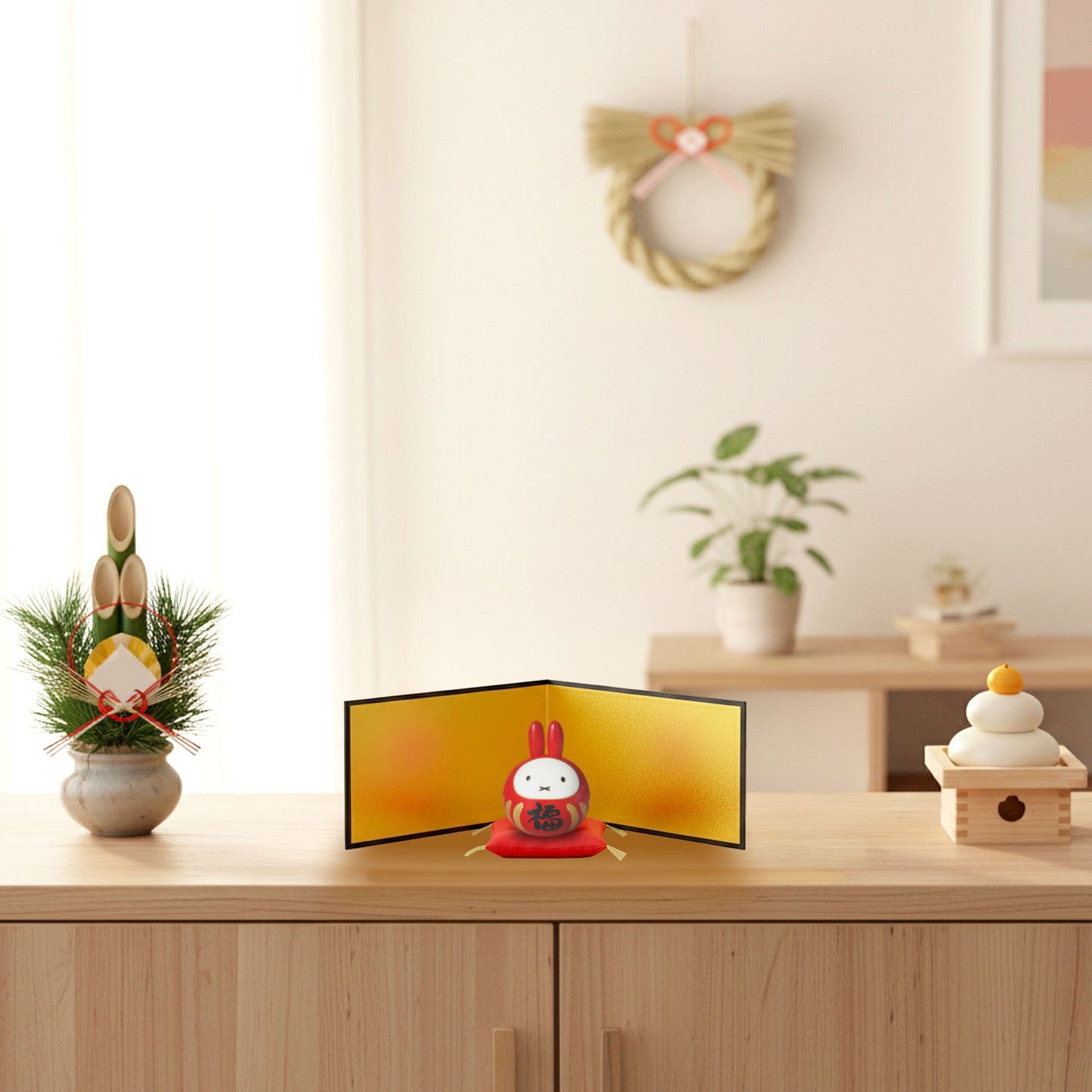 卯三郎こけし ミッフィー 福だるまセット（金屏風＋座布団付）