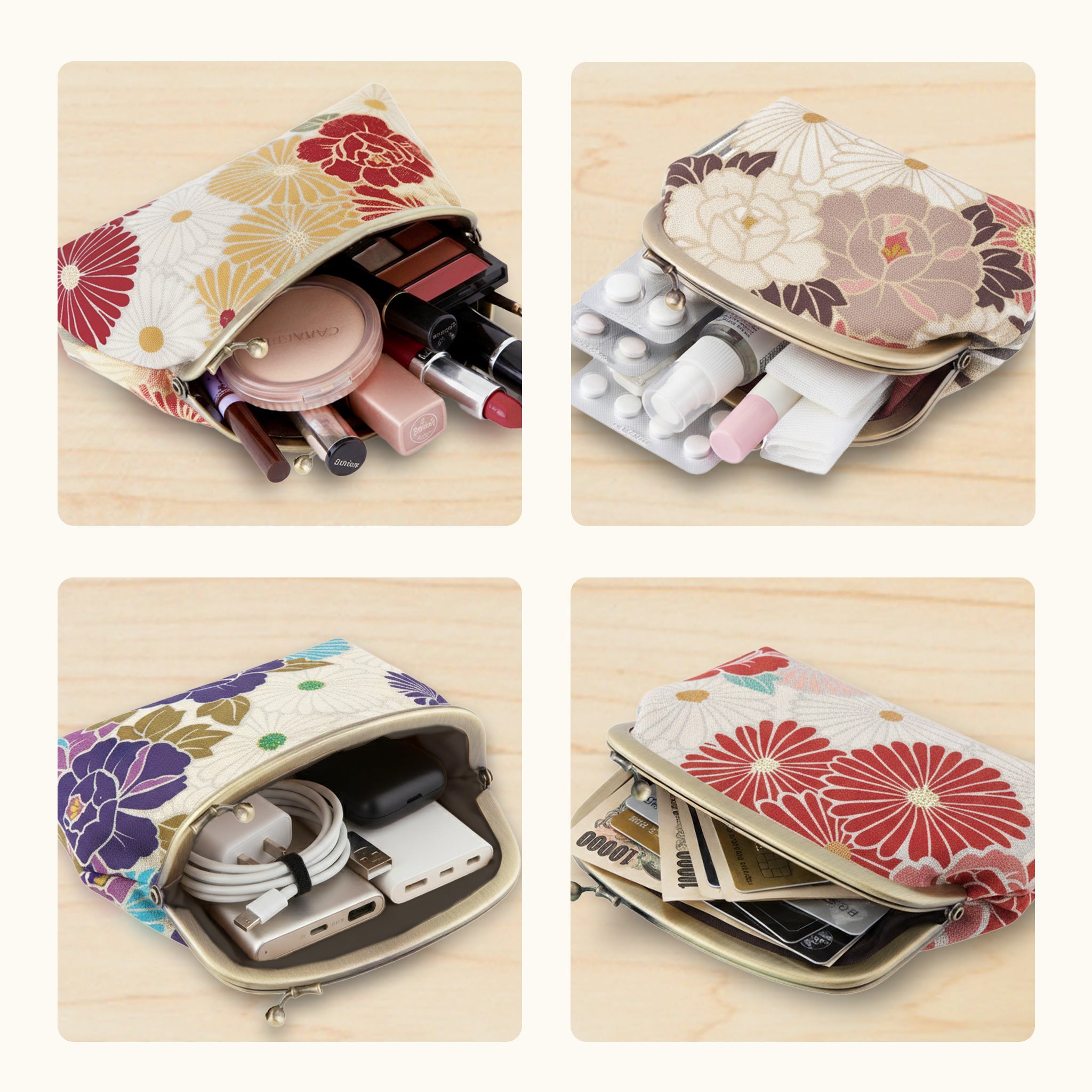 のレン がま口ポーチ レトロフラワー