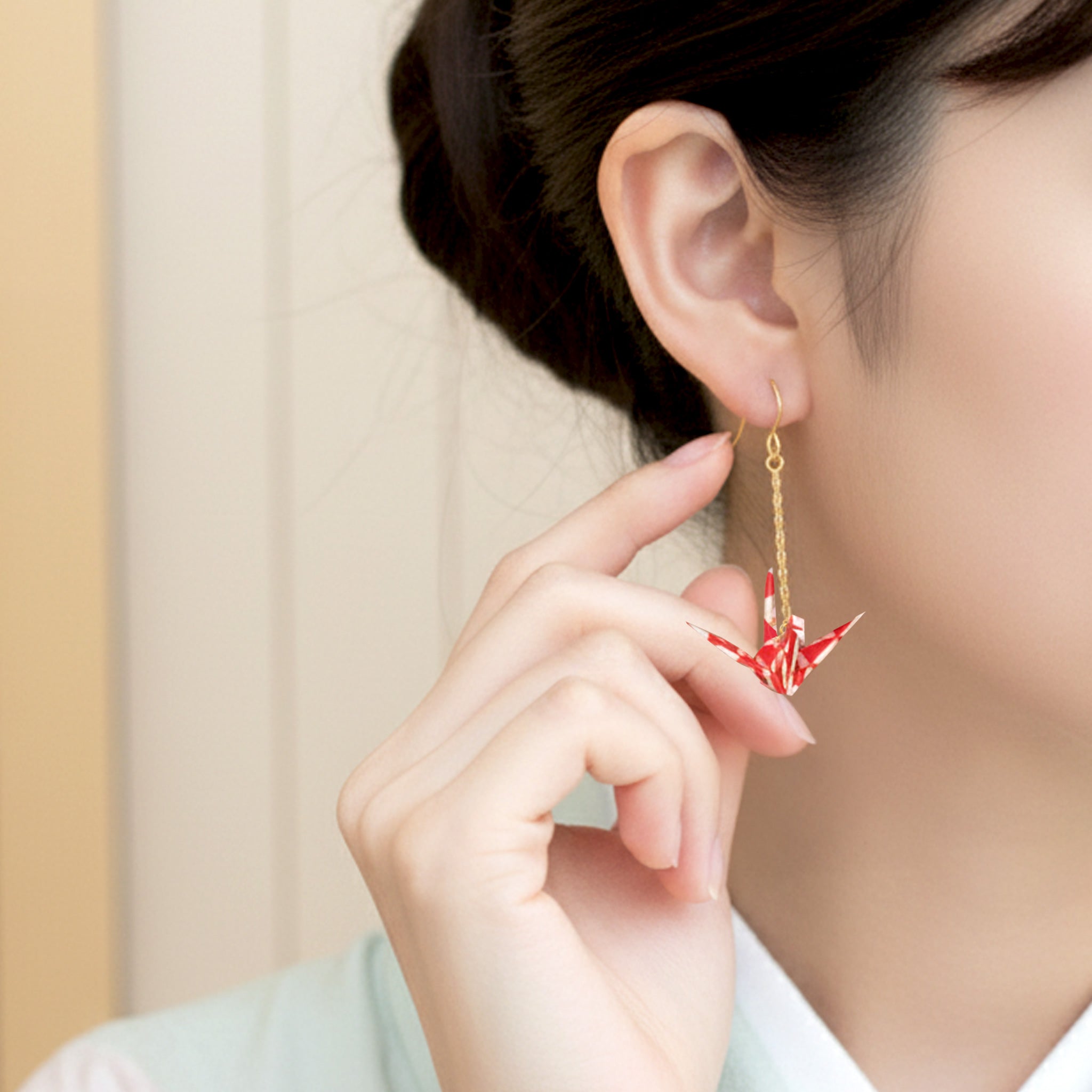 のレン 吉祥 折鶴ピアス ロングチェーン / 箱入り フックピアス　