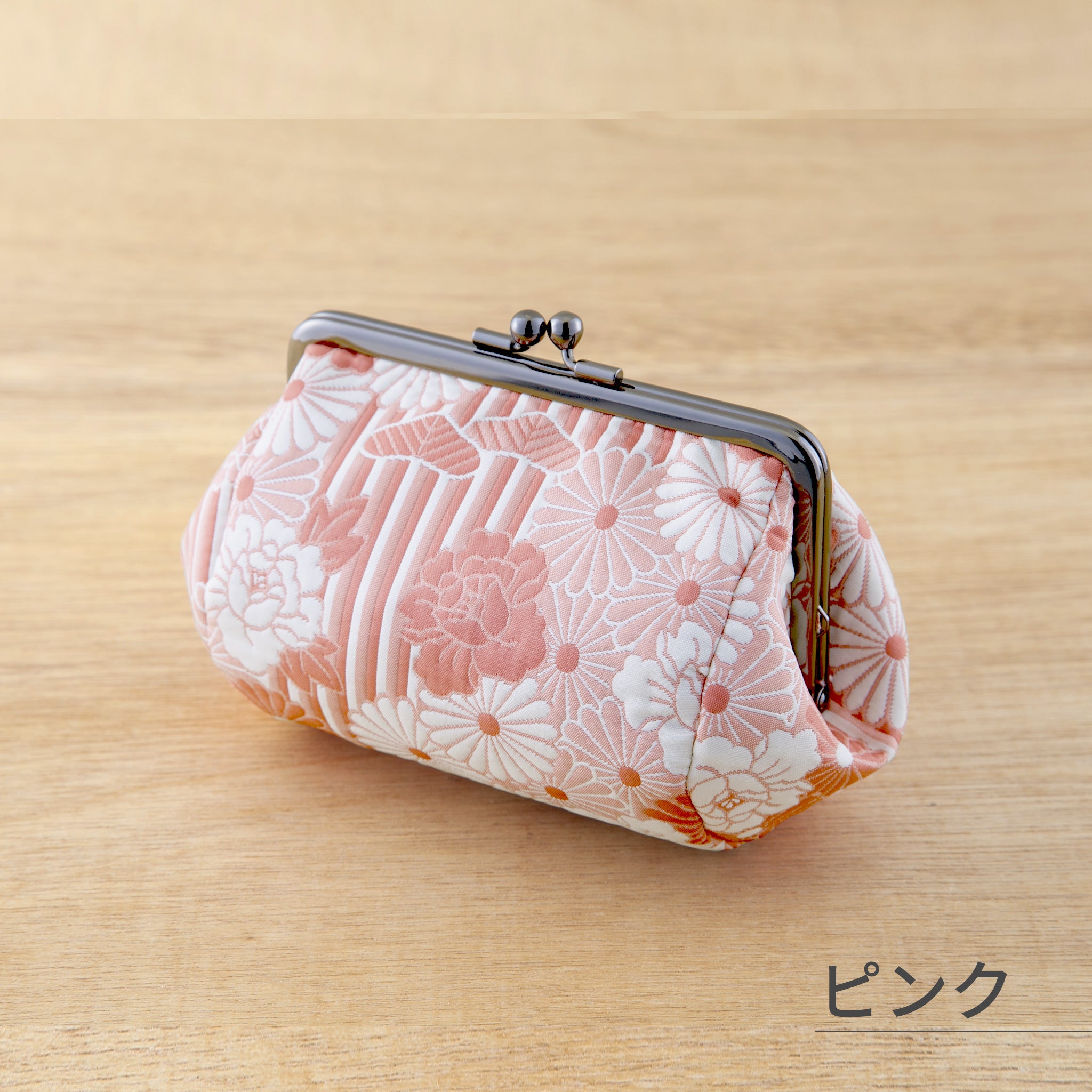 のレン 俵型 がま口ポーチ ふくれ織レトロフラワー